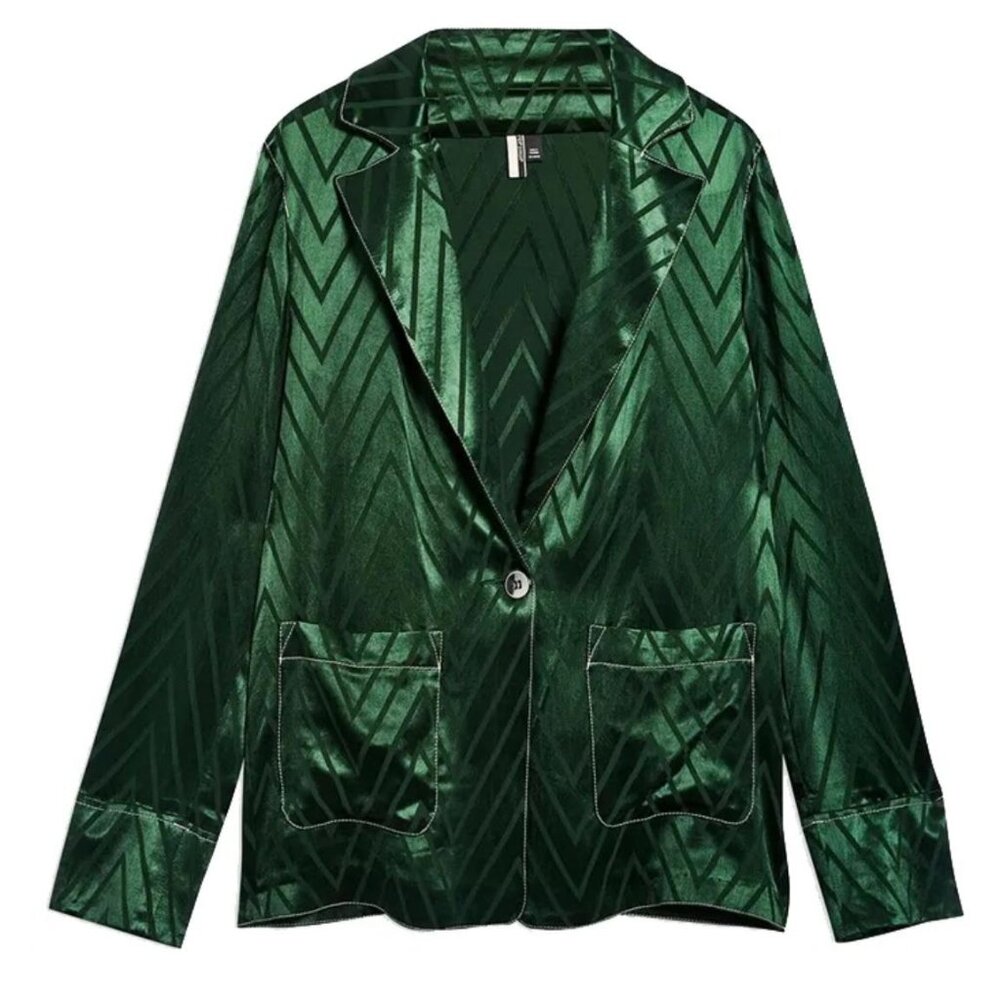 TOPSHOP Chevron Contrast Stitch Green Satin Blazer Jacket Size 6
